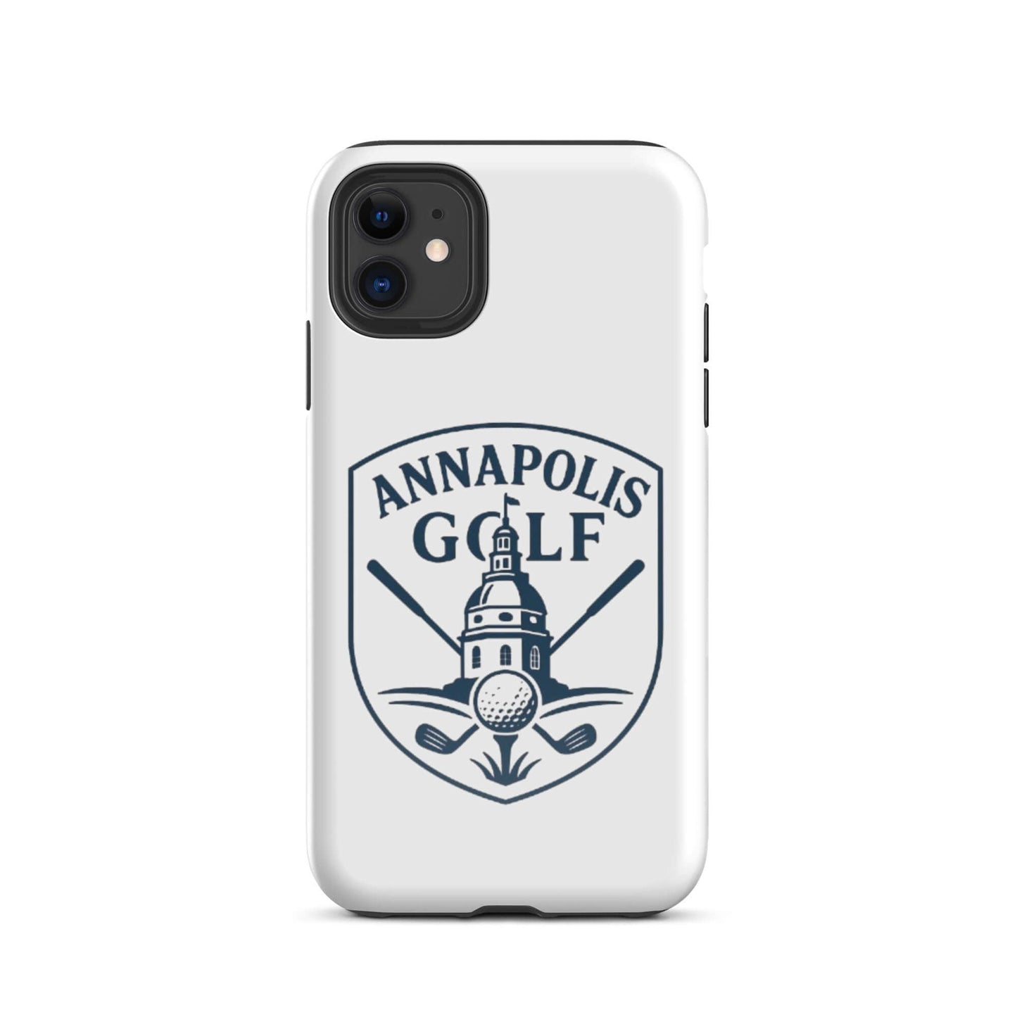Annapolis Golf iPhone tough case featuring a logo with crossed golf clubs and a golf ball design.