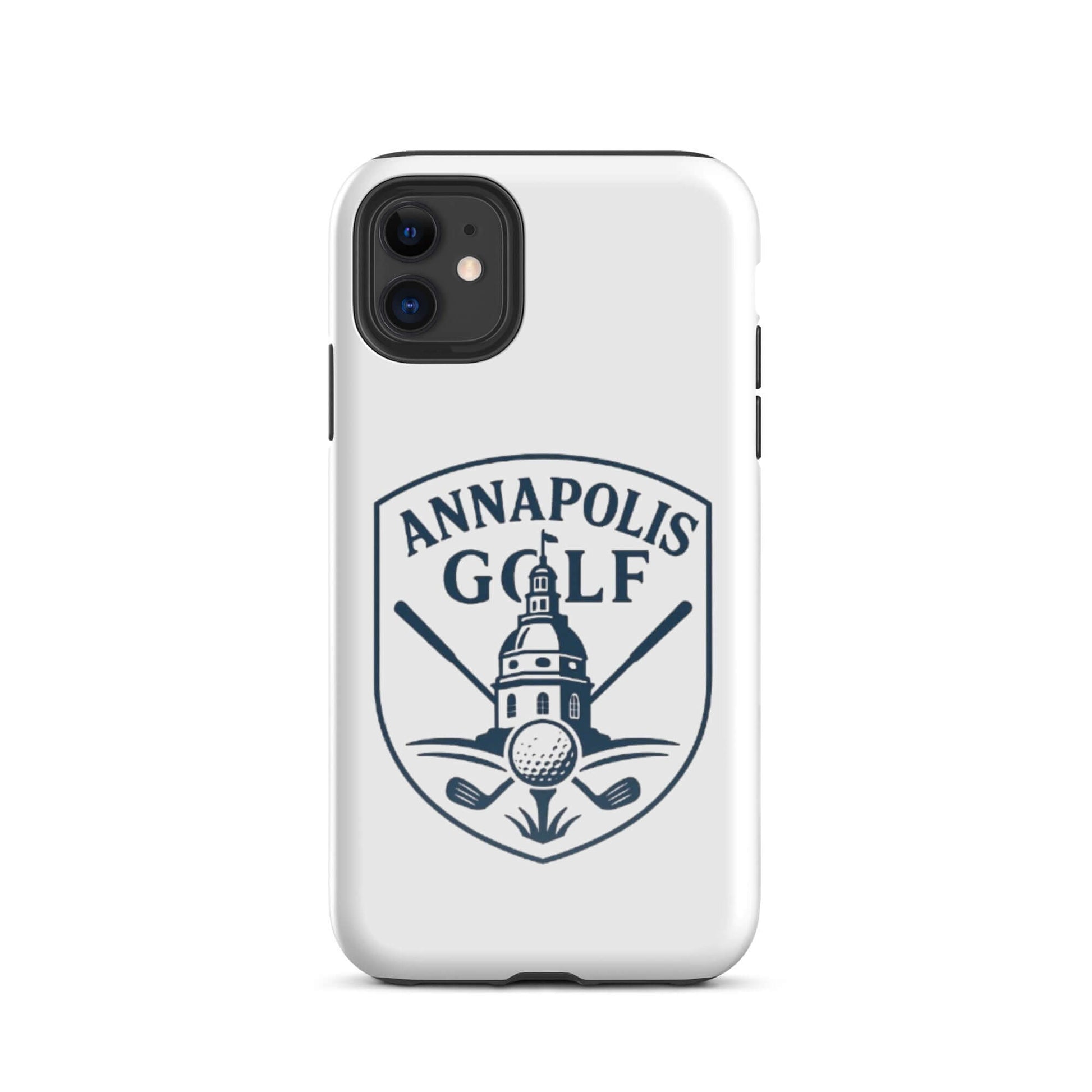 Annapolis Golf iPhone tough case featuring a logo with crossed golf clubs and a golf ball design.