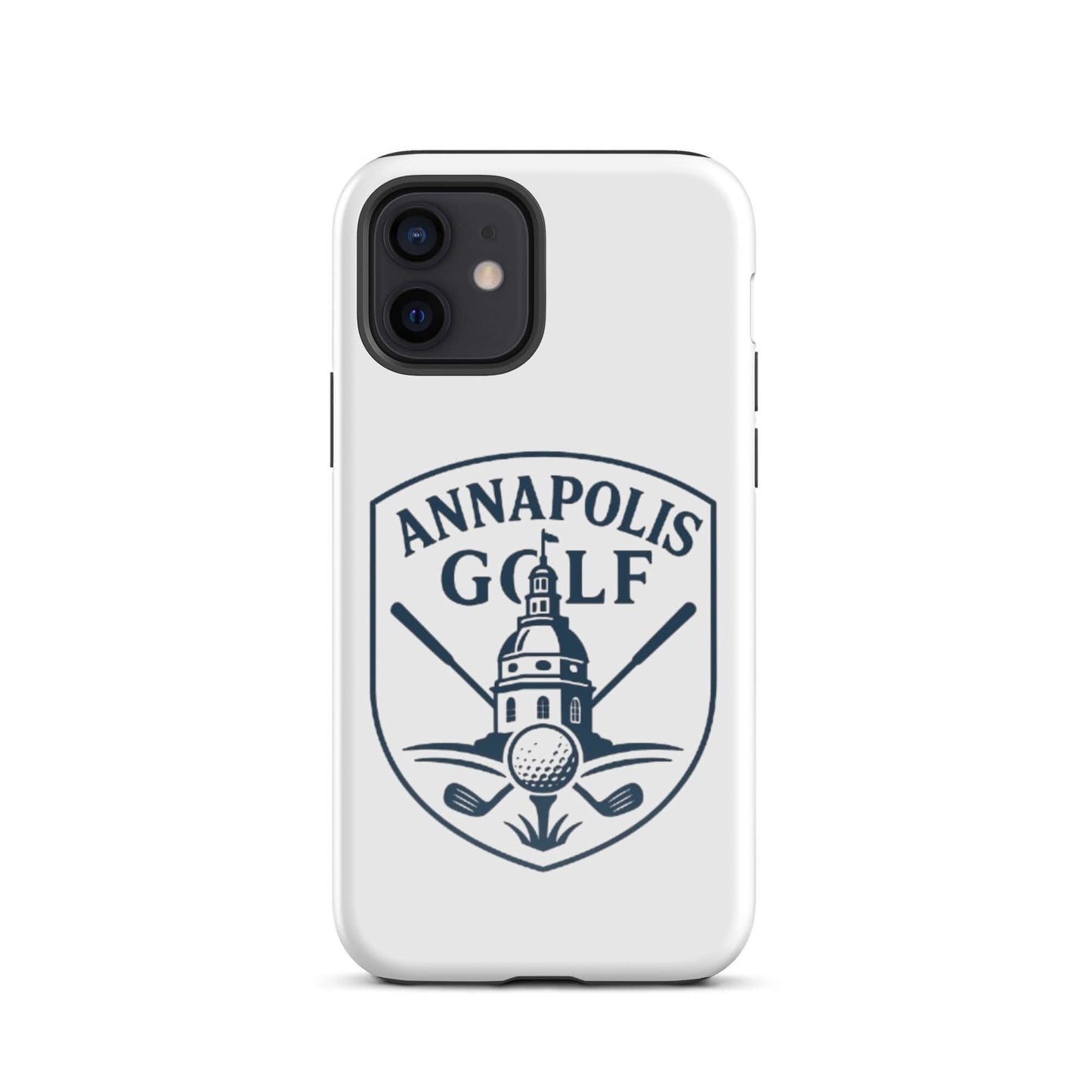 AnnapolisGolf iPhone Tough Case with logo featuring a golf ball and crossed clubs, stylish and durable design.