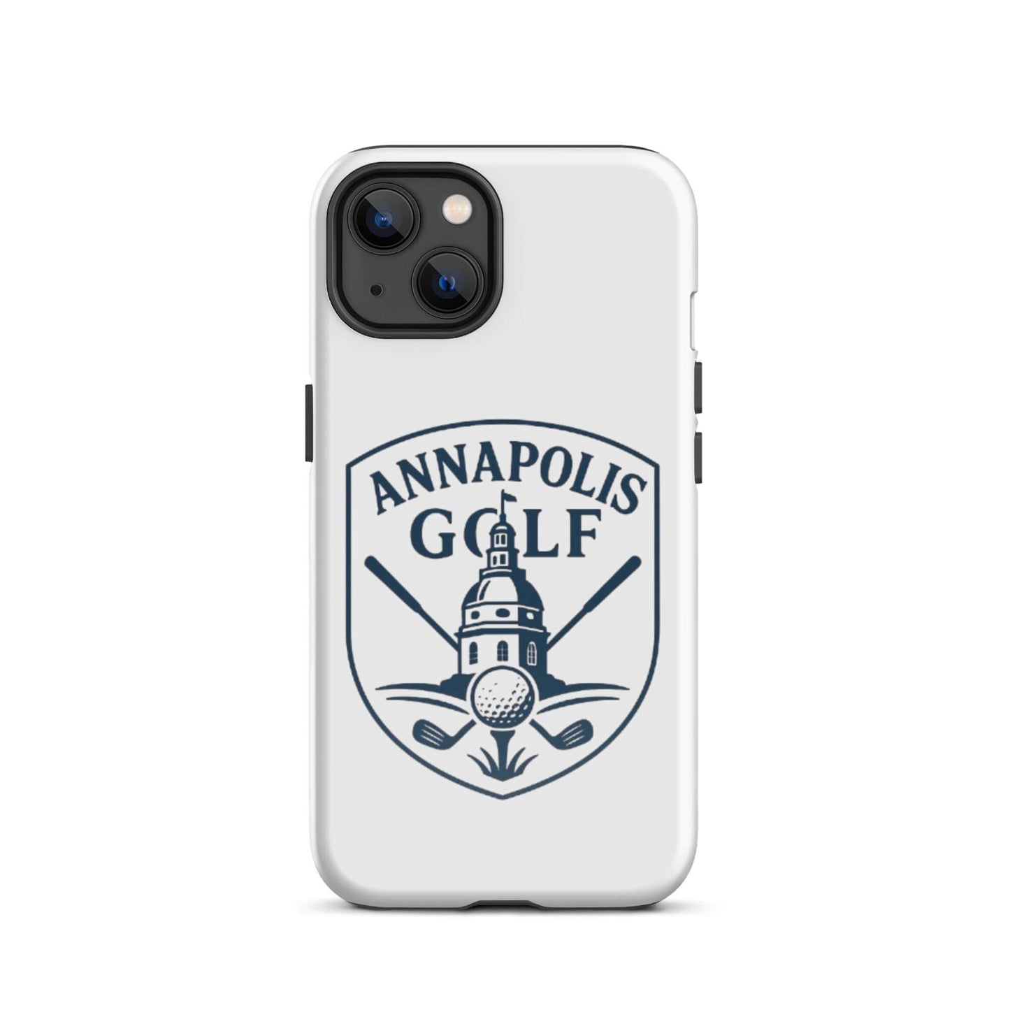AnnapolisGolf iPhone Tough Case featuring logo with golf clubs and ball design, ideal for golfers seeking style and protection.