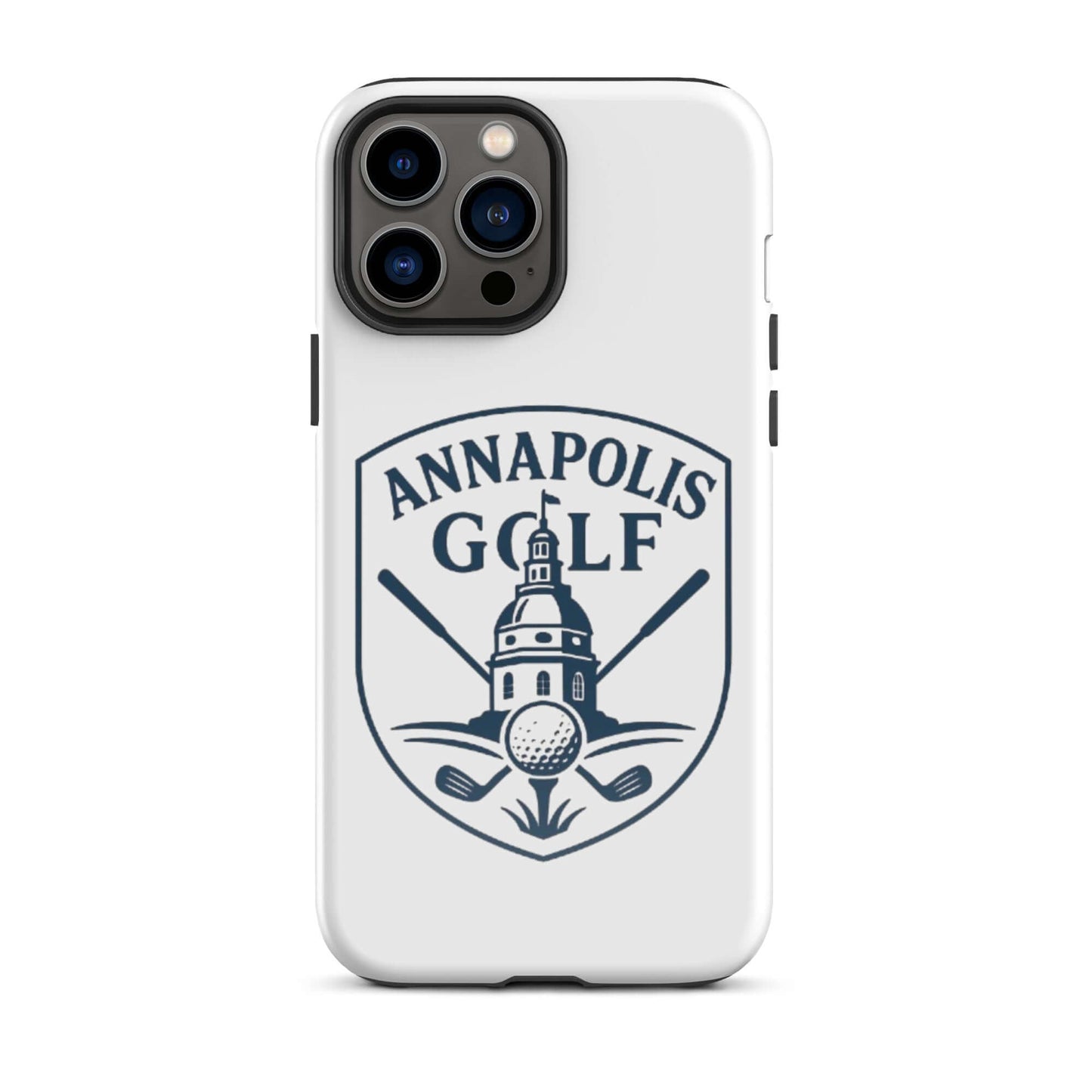 Annapolis Golf iPhone tough case showcasing a stylish logo with golf clubs and a historic building design.