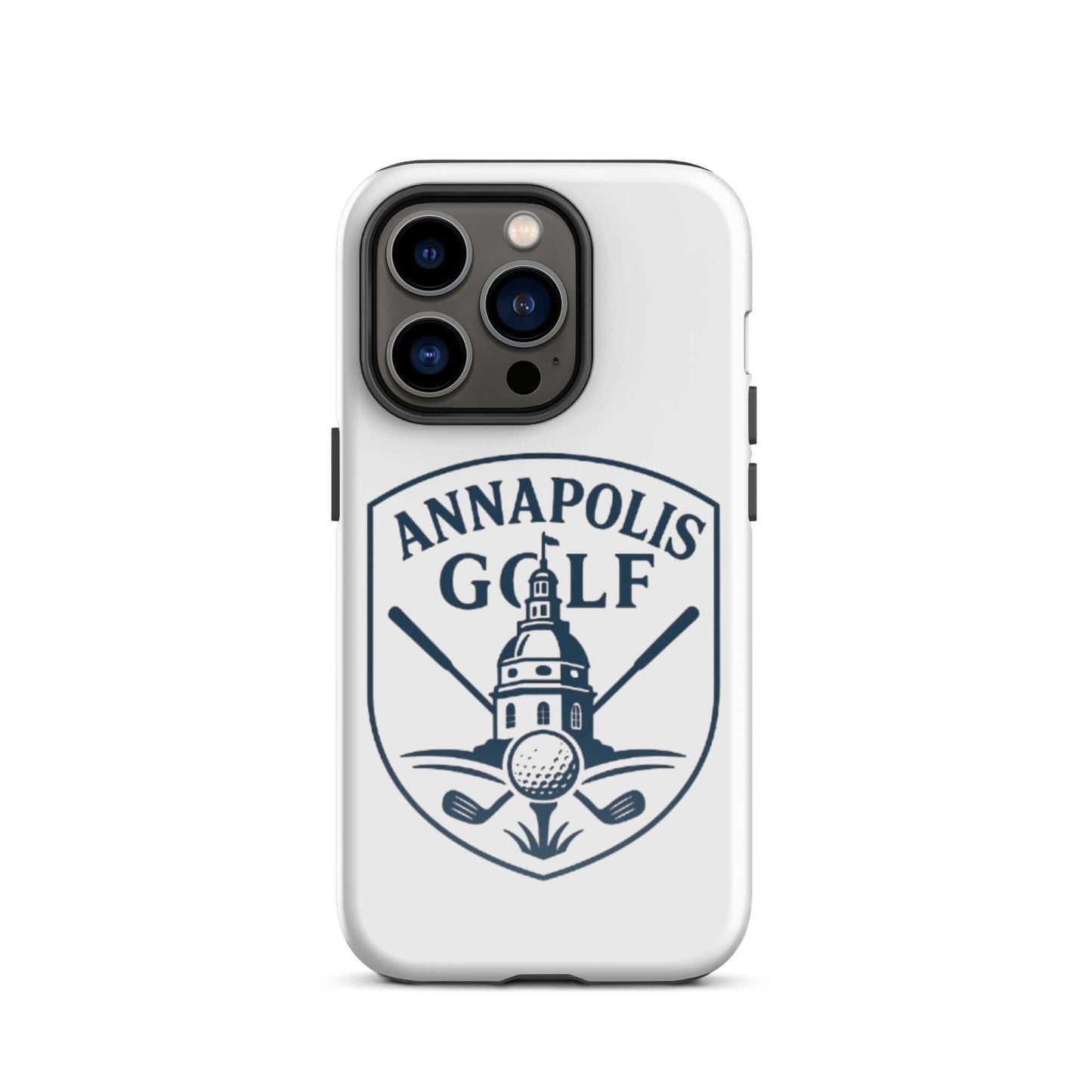 AnnapolisGolf Golf iPhone Tough Case with logo design, featuring a golf ball and crossed clubs on a white background.