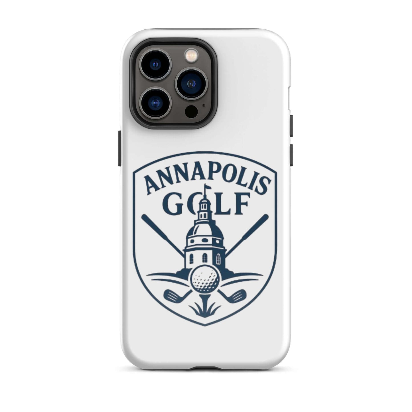 Annapolis Golf iPhone Tough Case featuring logo with golf clubs and iconic building design.