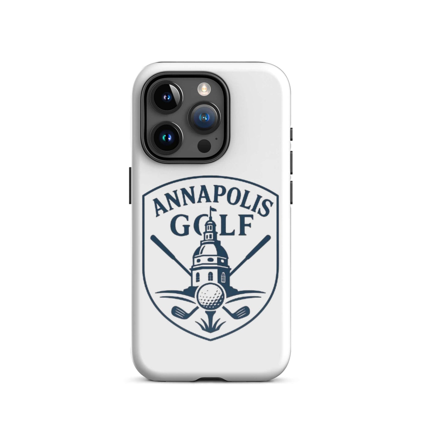 AnnapolisGolf iPhone tough case featuring a logo with golf crossed clubs and the Annapolis skyline design.